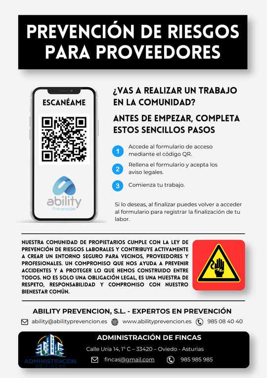 Cartel que Ability Prevención coloca en el portal de la comunidad: «Prevención de riesgos para proveedores», con un código QR para registrar la visita y los tres pasos a seguir antes de empezar el trabajo.