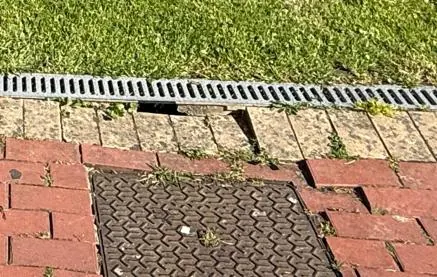 Pavimento exterior de baldosa con una rejilla de desagüe hundida junto al césped